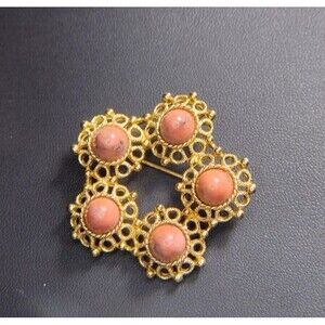 VTG 70's Sarah Coventry Brooch Pin Valencia Cabochon Stone Filligree Gold Tone